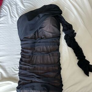 Off the shoulder mesh midi dress.